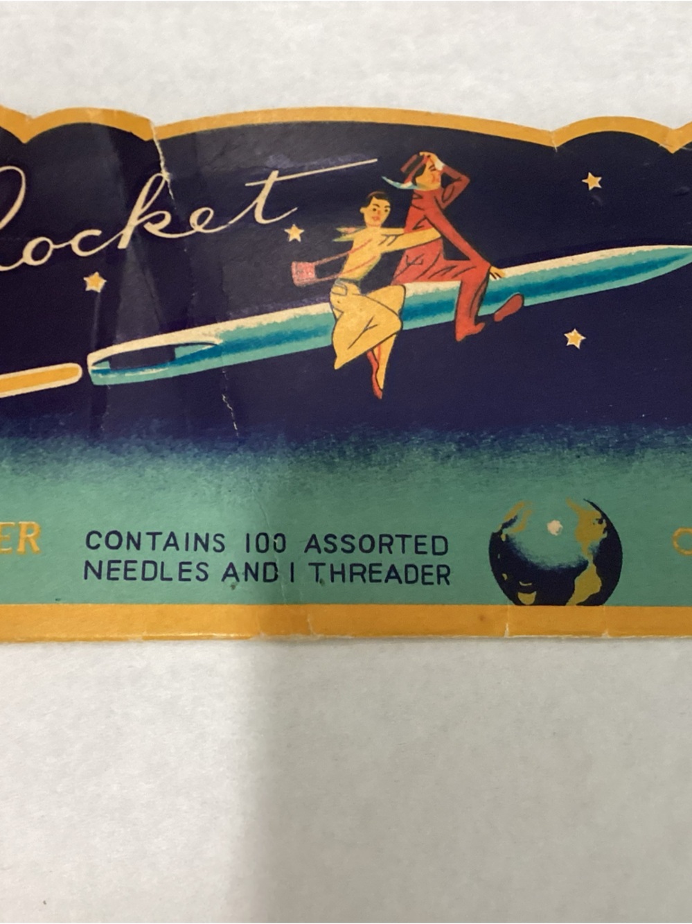 Vtg. Rocket hand sewing needle book 1950s original Silver eye Gold Eye.